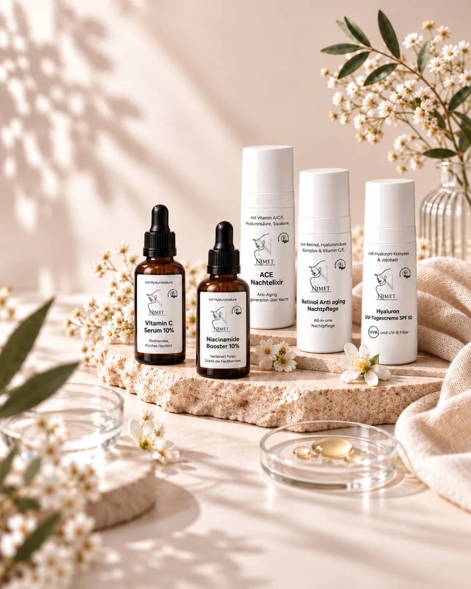 Die Gesichtspflege von NIMET: zwei Seren in braunen Glasflaschen, daneben Nachtelixier, Retinol-Nachtpflege und die UV-Tagescreme