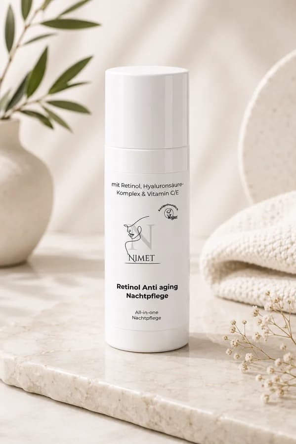 NIMET Retinol Nachtcreme Anti-Aging, Spender auf Marmor