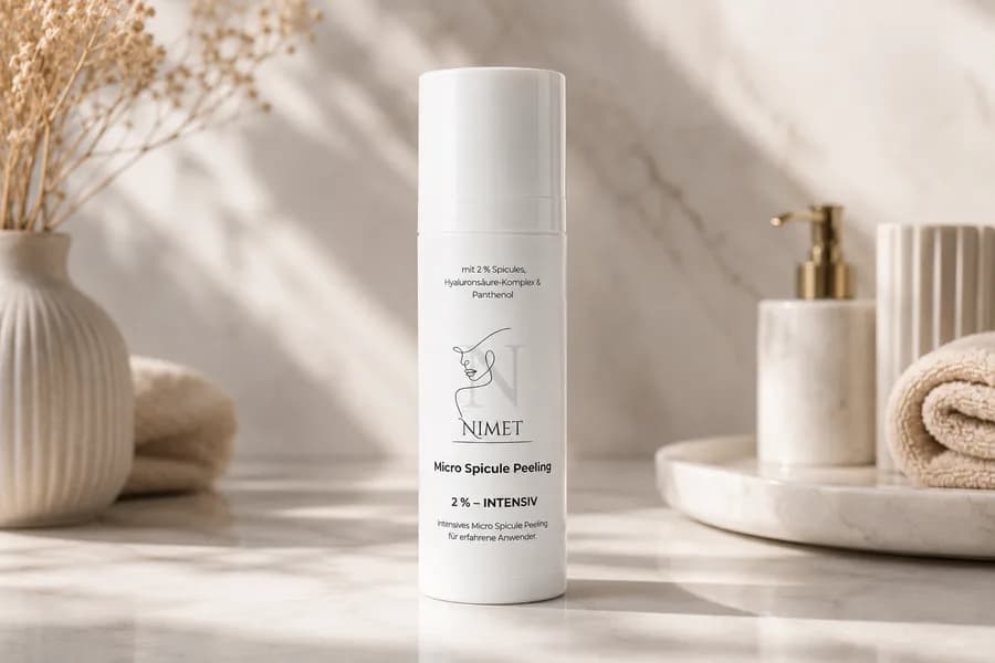 NIMET Micro Spicule Peeling INTENSIV 2 %, weiße Flasche auf Marmor